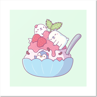 Shaved Ice Dessert with Cute Seal, Polar Bear and Penguin Posters and Art